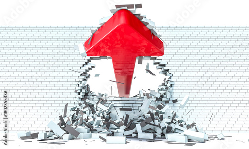 Fototapeta Naklejka Na Ścianę i Meble -  Red arrow breaking brick wall 3d background