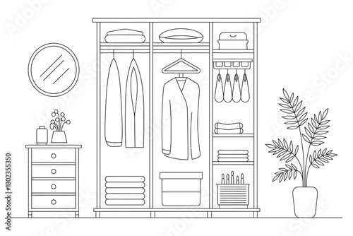 A stylized drawing of a well-organized wardrobe with clothing and accessories.