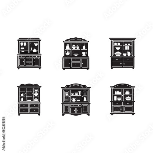 Antique Wooden Hutch and China Cabinet Vector Icon Set with Dishes and Kitchenware