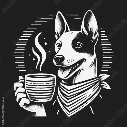 Happy Dog with Bandana Enjoying a Hot Cup of Coffee.