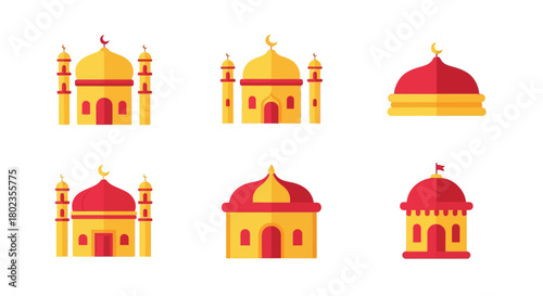 Colorful flat mosque designs with crescent moons in islamic architecture set