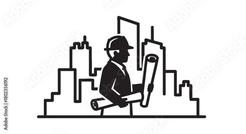 Black and white vector icon of an architect or engineer in a hard hat holding blueprints in front of a city skyline, representing urban development and construction