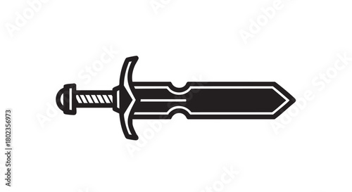 A striking black and white illustration of a classic sword with a distinctive hilt and blade, perfect for fantasy, gaming, or historical themes