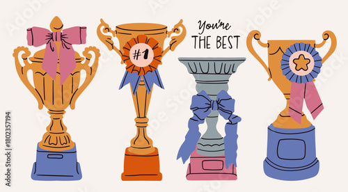 Winning Cup set. Gold, silver, bronze awards, ribbon prize medals. Trophy, winner, ceremony, champion, achievement, victory, success concept. Hand drawn Vector illustration. Isolated design elements 