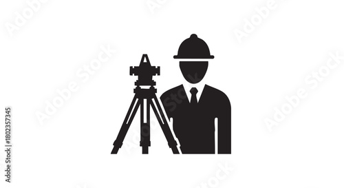 Surveyor and Theodolite Silhouette Professional Geomatics Icon for Engineering and Construction