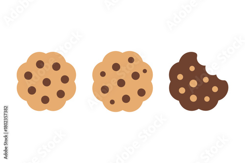 Three chocolate chip cookies, one with a bite taken out of it, shown on a white background.