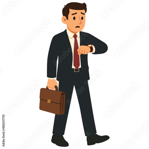 Worried businessman checking watch with a briefcase, conveying urgency, time management, and stress