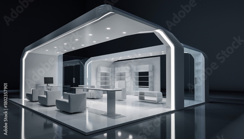 Modern minimalist exhibition booth design with sleek furniture and integrated lighting, perfect for product launches and trade shows.