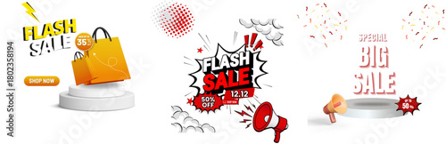 Flash sale and big sale announcement with shopping bags and megaphones, promotion graphics