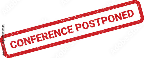 Prominent red rubber stamp displaying CONFERENCE POSTPONED text with a grunge effect on white