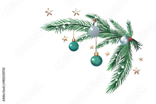 Fir branch with blue baubles and stars on white