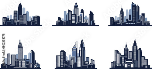 PrintModern urban city skyline collection featuring diverse skyscrapers, metropolitan architecture