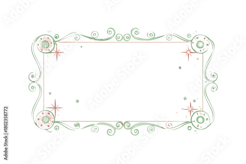 Green swirl Christmas frame with soft pink stars and flourishes