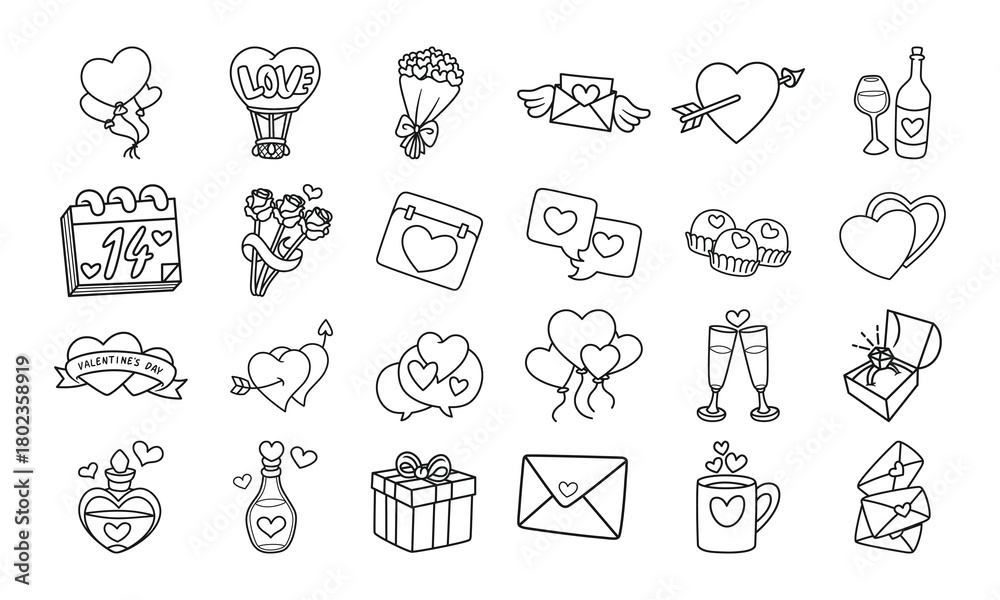 Fototapeta premium Valentine’s Day Outline Icons Set with Hearts, Gifts and Love Symbols