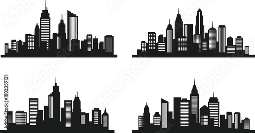 PrintModern urban city skyline silhouettes featuring diverse skyscrapers, architectural buildings, metropolitan landscapes