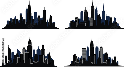 PrintModern urban skyline collection featuring diverse skyscrapers, city silhouettes, architectural landmarks, contemporary building designs