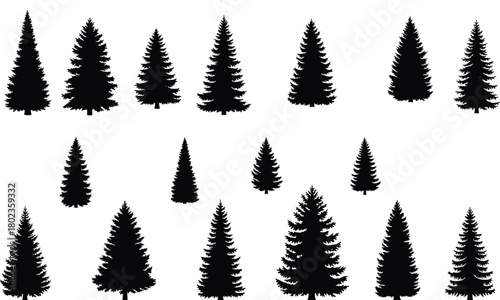 PrintSilhouette collection of evergreen pine trees arranged in isolated forest pattern, natural conifer shapes for design, decoration, landscape, and winter-themed projects