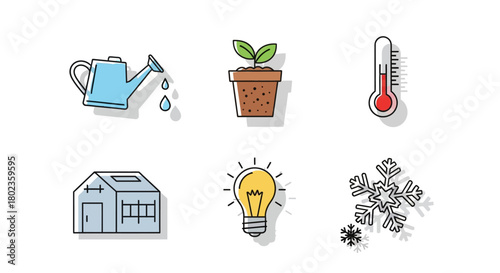 Colorful shadowed icons of gardening and weather elements with lightbulb