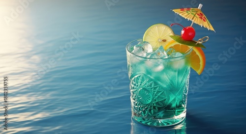 A blue cocktail with ice and fruit garnish on a blue wavy background