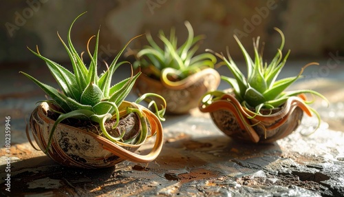 Three small, green air plants are showcased in rustic coconut shell planters, arranged on a textured surface with soft lighting.