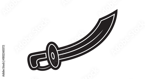 Bold black and white icon of a pirate cutlass sword, a simple graphic illustration of a buccaneer's weapon for adventure themes