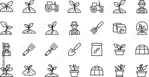 Collection of hand drawn seedling and gardening icons representing growth and agriculture