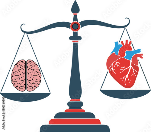 A scale with a brain and a heart. The image symbolizes the balance between rational thinking ("the race to retrain") and the emotional well-being of the "eternal student".
