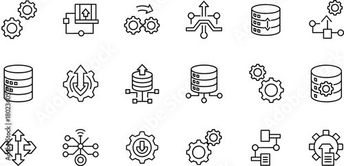 Collection of outline icons representing data processing database management and system connections