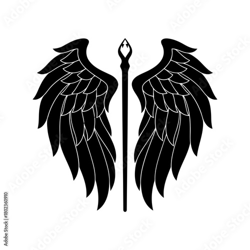 Wizard staff silhouette elegant staff with wings, a symbol of freedom and ascension, isolated on
