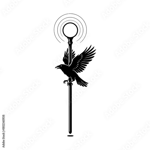 Wizard staff silhouette a raven perched on a scepter with a glowing orb isolated on, a symbol of power