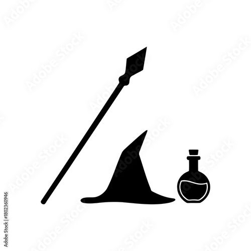 Wizard staff silhouette wizard hat, magic staff, and potion bottle isolated on fantasy concept