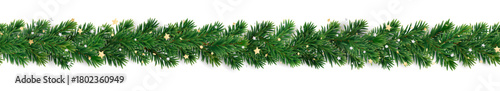Seamless Christmas tree garland made of lush green fir branches with golden star confetti. Festive border for Christmas cards, banners, and holiday designs. Transparent background in vector file.