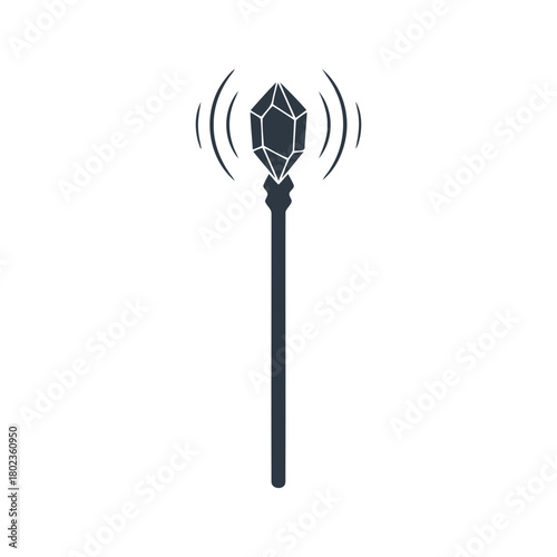 Wizard staff silhouette magic staff with crystal ball emitting waves isolated on fantasy concept