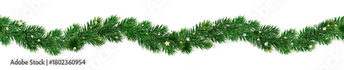 Seamless Christmas tree garland with gold and silver confetti on lush fir branches. Festive realistic border for winter holiday cards, Christmas design projects. Transparent background in vector file.