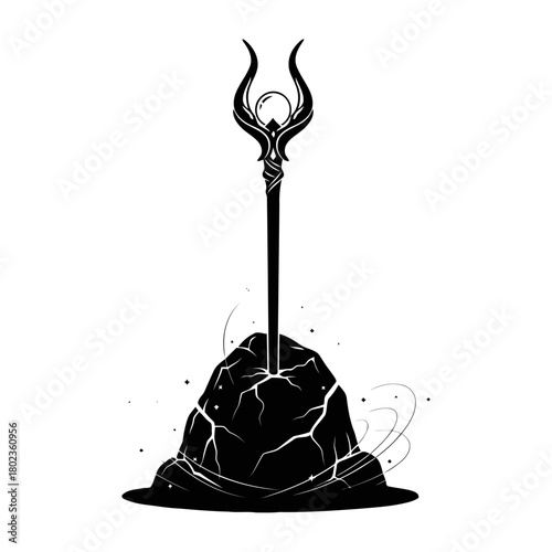 Wizard staff silhouette mystical staff with horns and a glowing orb stuck in a rock, isolated on