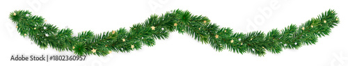 Christmas garland of lush fir branches decorated with golden and silver star confetti. Elegant festive banner decoration for Christmas and winter holiday designs. Transparent background in vector file