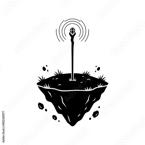 Wizard staff silhouette a scepter on a floating island isolated on, a symbol of magic and mystery
