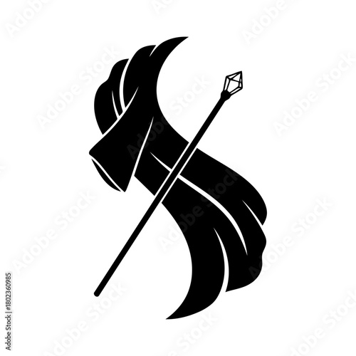 Wizard staff silhouette magic staff, cape, and axe isolated on fantasy concept illustration