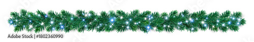 Christmas tree garland with blue, white, and silver baubles and glowing lights. Festive evergreen border perfect for Christmas banners, cards, and winter designs.