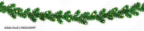 Seamless Christmas tree garland made of realistic fir branches with golden and silver confetti. Festive border for Christmas design, patterns, holiday projects. Transparent background in vector file