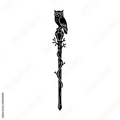 Wizard staff silhouette an owl perched atop a magical staff with winding vines, isolated on