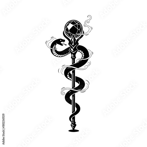 Wizard staff silhouette enchanted scepter with a snake coiling around it isolated on