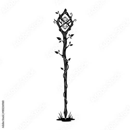 Wizard staff silhouette a magical staff with leaves and vines, isolated on