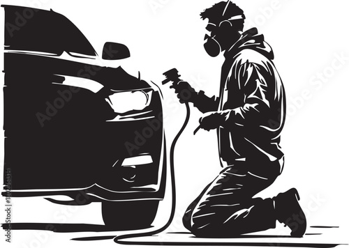 Auto Body Painter with Spray Gun Vector Silhouette. Automotive Repair, Car Service, and Professional Vehicle Painting Graphic.