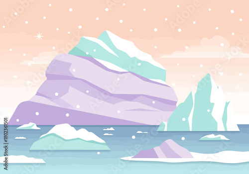 Soft pastel icebergs floating on cold winter ocean soft-flat semi-realistic landscape background vector illustration