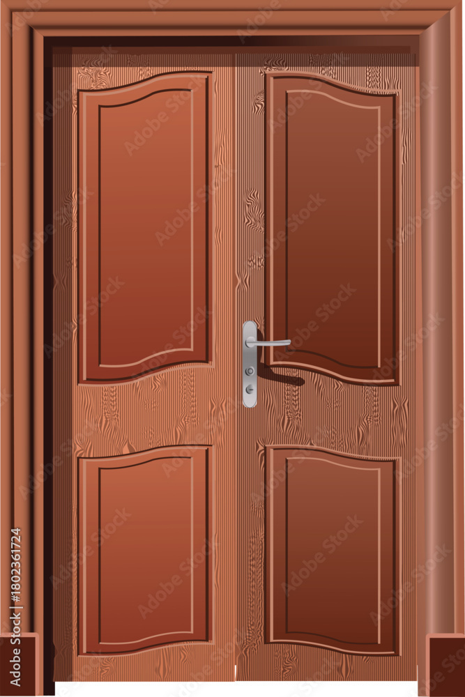 Fototapeta premium This vector illustration features a classic double wooden door with detailed panel work, smooth curves, and a realistic wood-grain texture. Designed in warm brown tones, the door includes a metallic 