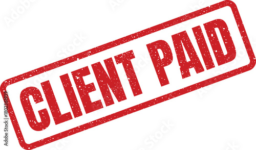 Red rectangular grunge rubber stamp featuring CLIENT PAID text against a bright white background