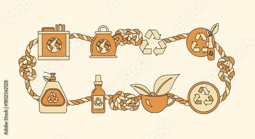 Eco-friendly icon set with recyclable symbols and natural elements in linear style