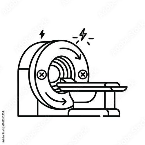 Mri scanner icon with magnetic field and patient bed for diagnosis.