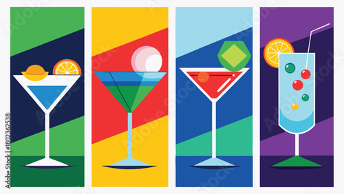 A collection of four vibrant posters showcasing various drinks, each featuring unique colors and designs..eps